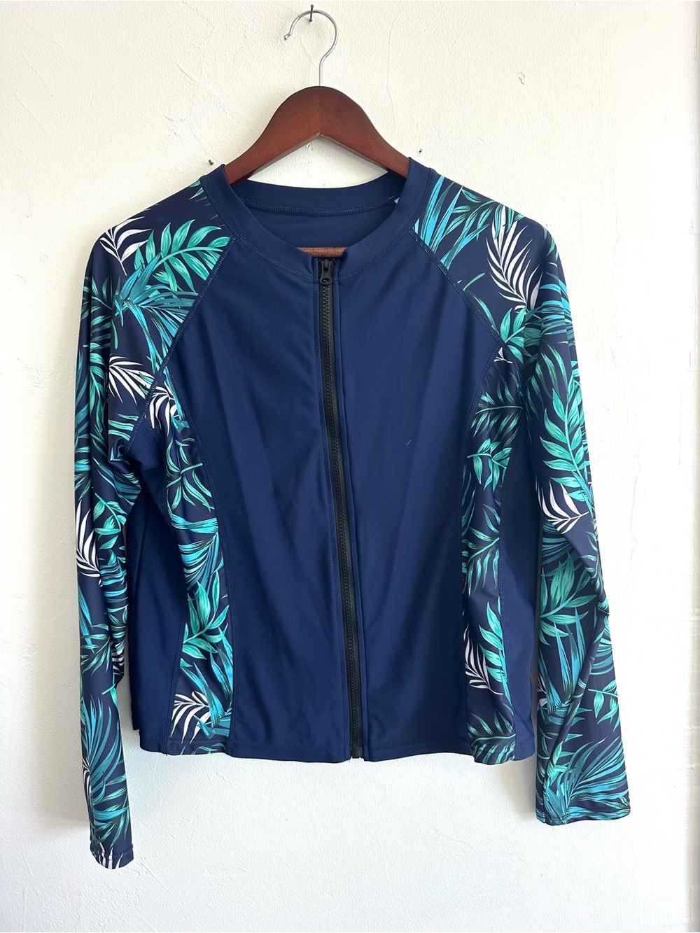 Navy Tropical Print Zip-Front Women's Swim Rashguard